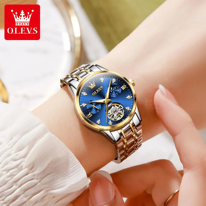 OLEVS Automatic Watch for Women Waterproof Luminous Skeleton Original Automatic Mechanical Elegant Women's Watches Set Gidt