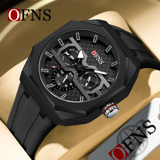 OFNS Brand Top 8023 Fashion Quartz Watch Minimalist Bar Needle Scale Three Eyes Six Needle Fashion Waterproof Men's Quartz Watch