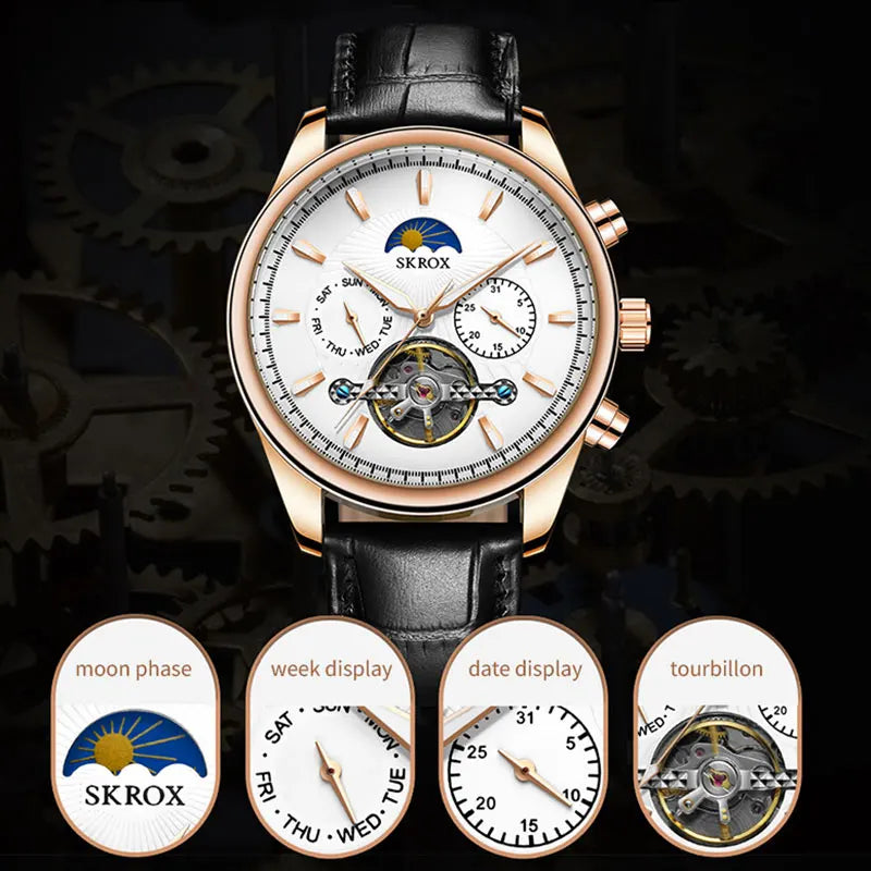 SKROX Official Tourbillon Moon Phase Automatic Movement Men Watch Mechanical Male Wrist Watches Original Top Luxury Clock reloj