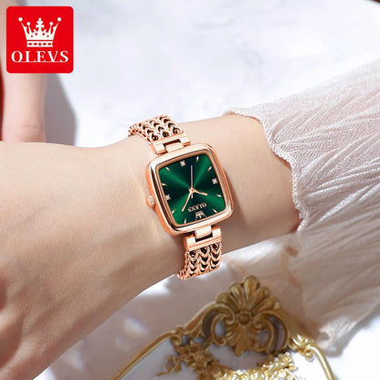 OLEVS New Quartz Watch for Women Elegant Rose Gold Stainless Steel Square Watch Original Luxury Ladies Wristwatches Jewelry Set