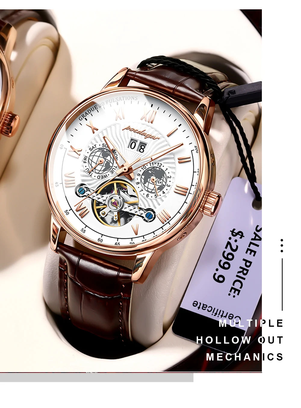 POEDAGAR Automatic Mechanical Tourbillon Business Watch Casual Date&Week&Month Luminous Waterproof Leather Men Watch Hot Relojes