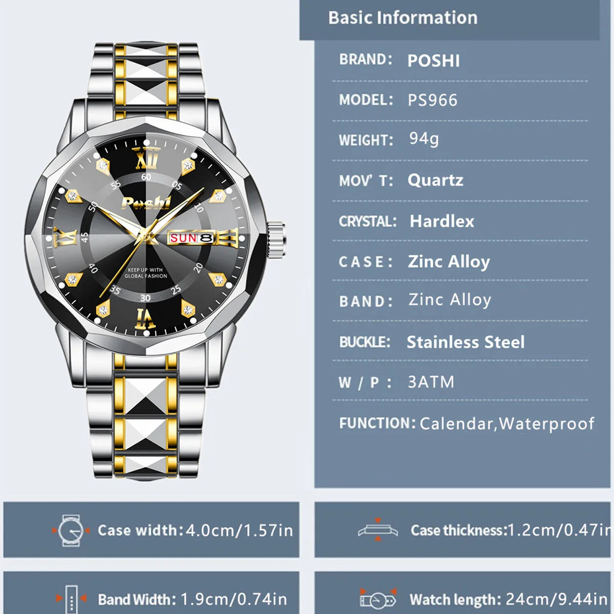 POSHI Men's Watch Date Week Fashion Watch Men Original Waterproof Non-mechanical Luminous Dual Calendar Quartz Wristwatch