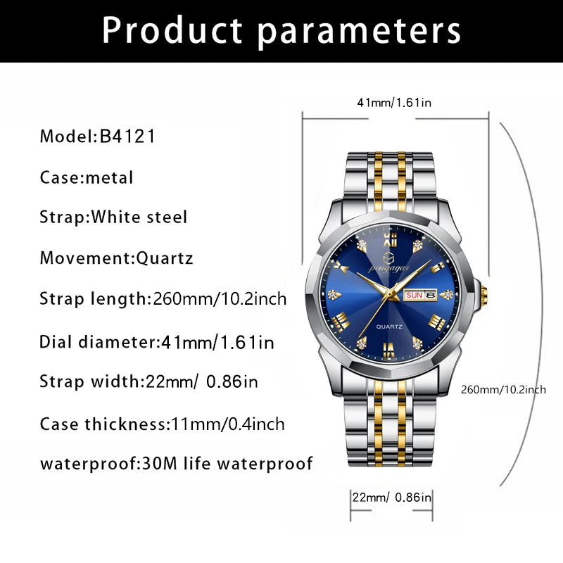 PAAZOMU Luxury Man Wristwatch Waterproof Luminous Date Week Watch For Men Stainless Steel Men's Quartz Watches reloj hombre