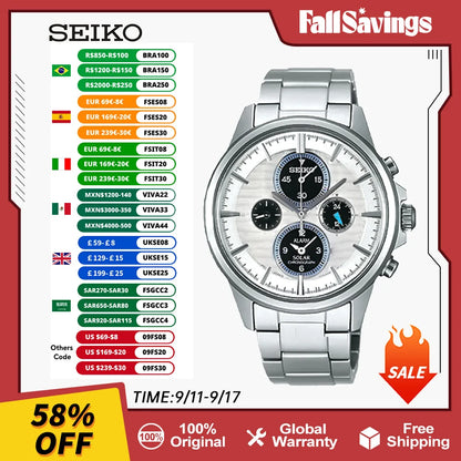 Seiko Quartz Stone Men's Watch Japan Original Casual Watch Solar Series 10 Bar Waterproof Steel Watch Strap