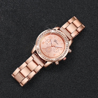 Lot de 2 montres à quartz analogiques pour femme avec strass et bracelet en acier doré rose