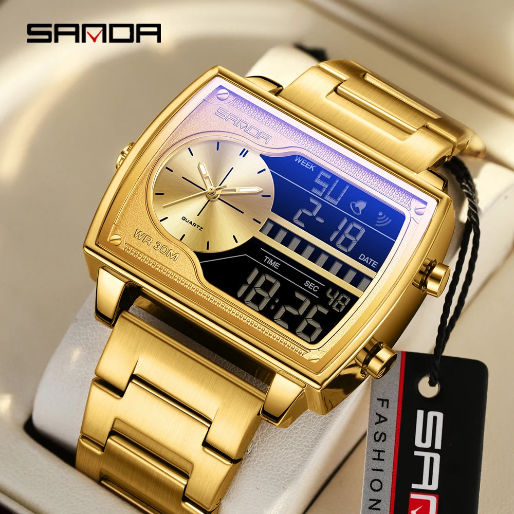 SANDA 6163 Montre à quartz tendance pour homme Montre carrée tendance Compte à rebours Sports Montres numériques à double affichage étanche pour homme