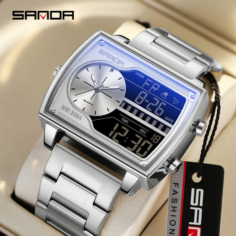 SANDA 6163 Montre à quartz tendance pour homme Montre carrée tendance Compte à rebours Sports Montres numériques à double affichage étanche pour homme