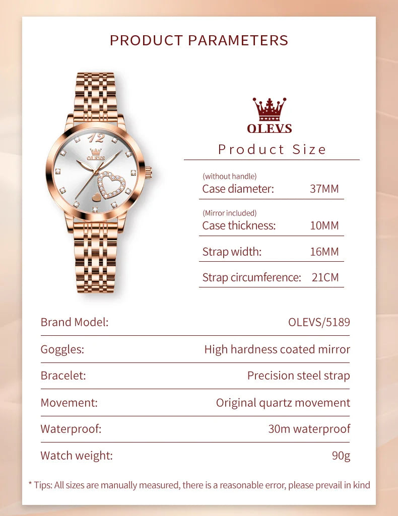 OLEVS Stainless Steel Strap Quartz Watch for Women Diamond Heart Design Waterproof Luminous Quartz Women's Watches Original