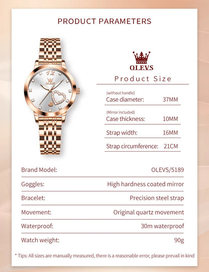 OLEVS Stainless Steel Strap Quartz Watch for Women Diamond Heart Design Waterproof Luminous Quartz Women's Watches Original