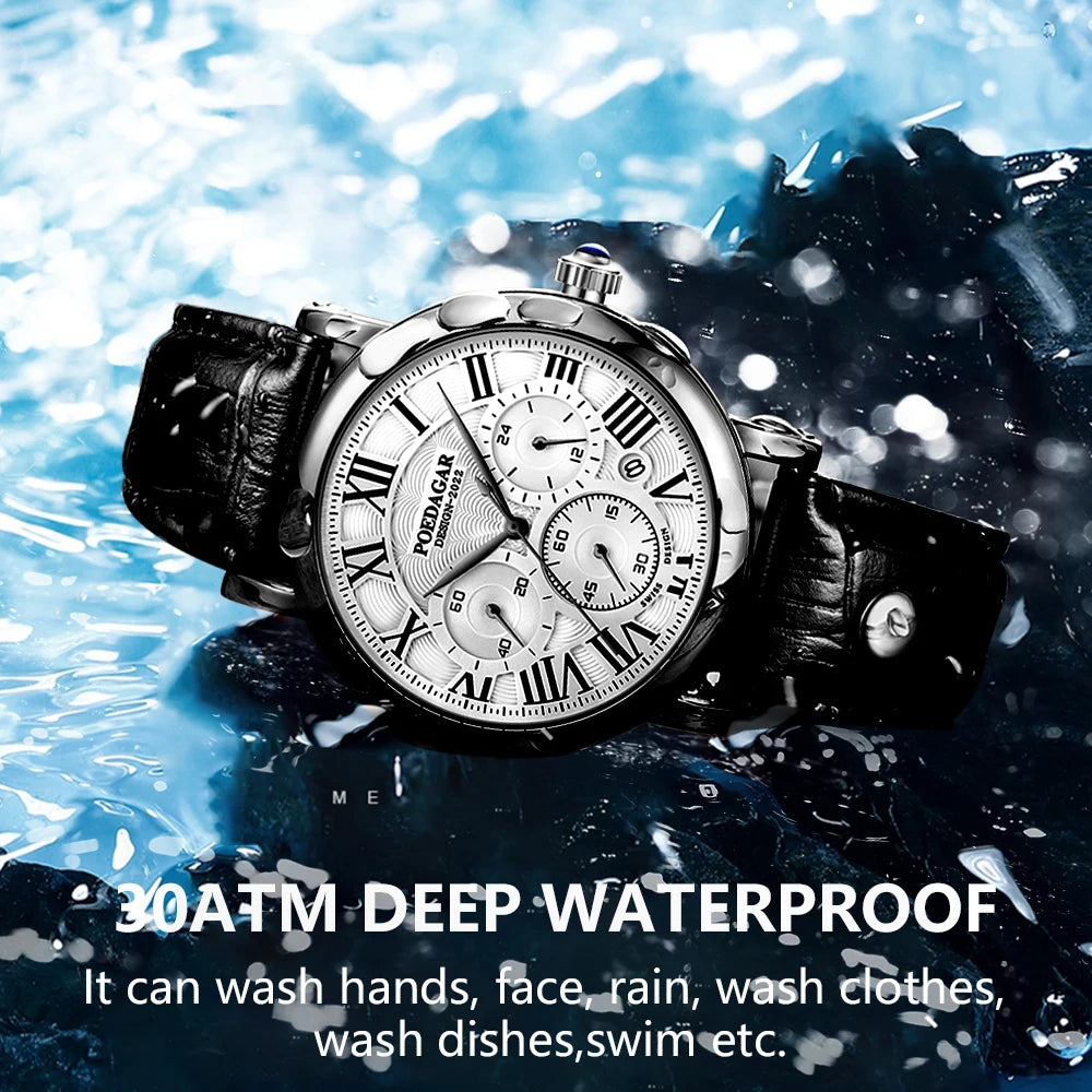 POEDAGAR Men Watch Fashion Chronograph Quartz Watches High Quality Leather Waterproof Luminous Week Date Business Man Wristwatch