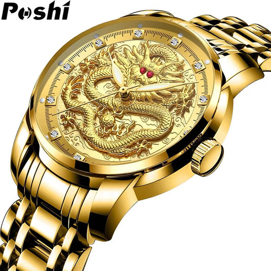 POSHI Stainless Steel Fashion Quartz Watch Gold Dragon Men's Watches Luxury Original Design Waterproof Quartz Movement Clock