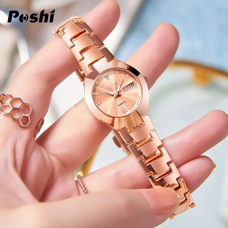 Swiss Brand POSHI Women Watch Stainless Steel Simple Waterproof Luminous with Date Week Quartz Watches Elegant Bracelet for Gift