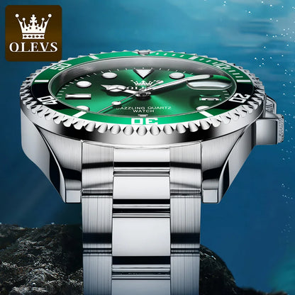 Montre Homme OLEVS Diver Vert Montre Étanche pour Homme Acier Inoxydable Quartz Homme Montre De Luxe Lumineuse