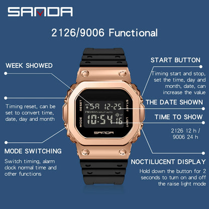 SANDA Montres de sport pour hommes Cadeau pour amoureux Montre numérique LED étanche Petite montre carrée Couple Femmes Montre-bracelet électronique militaire 2126