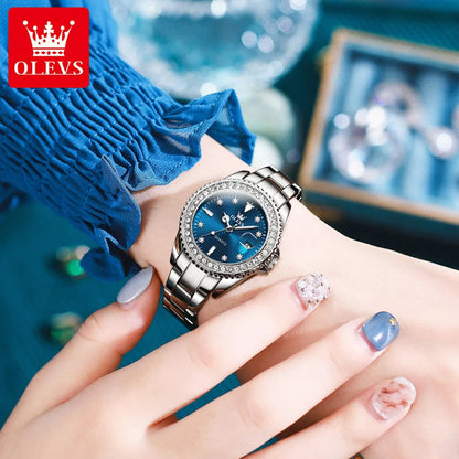 OLEVS Quartz Watch for Women Diamond Dial Luxury Stainless Steel Waterproof Elegant Ladies Fashion Top Brand Women's Watch 9945