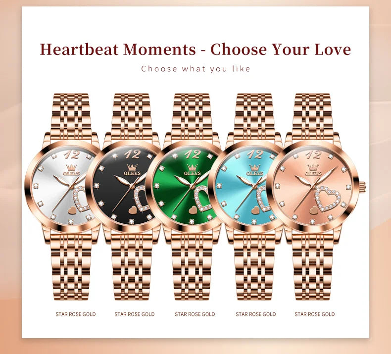 OLEVS Stainless Steel Strap Quartz Watch for Women Diamond Heart Design Waterproof Luminous Quartz Women's Watches Original