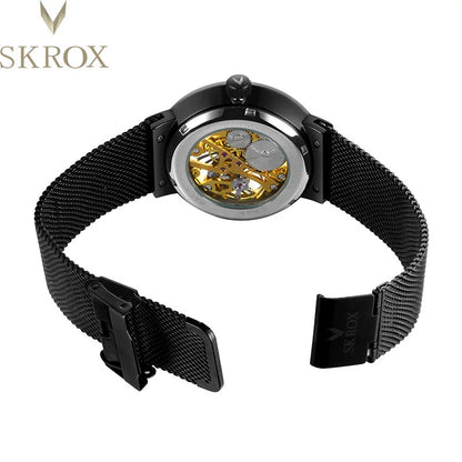 SKROX Vintage Elegant Man Watches Top Brand Luxury Transparent Skeleton Thin Luminous Manual Mechancical Male Wristwatch Clock