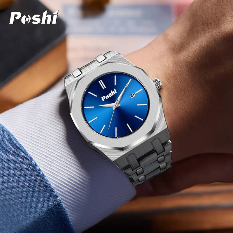 POSHI Quartz Watch for Man Fashion Luxury Business Wrsitwatch Simple Dial with Date Stainless Steel Strap Men's Watches Original