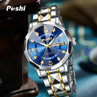 POSHI Men's Watch Date Week Fashion Watch Men Original Waterproof Non-mechanical Luminous Dual Calendar Quartz Wristwatch