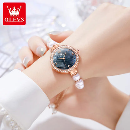 OLEVS Pearl Chain Watch for Women Luxury Diamond Dial Waterproof Original Top Brand Quartz Watches Gift Sets Relógio Feminino