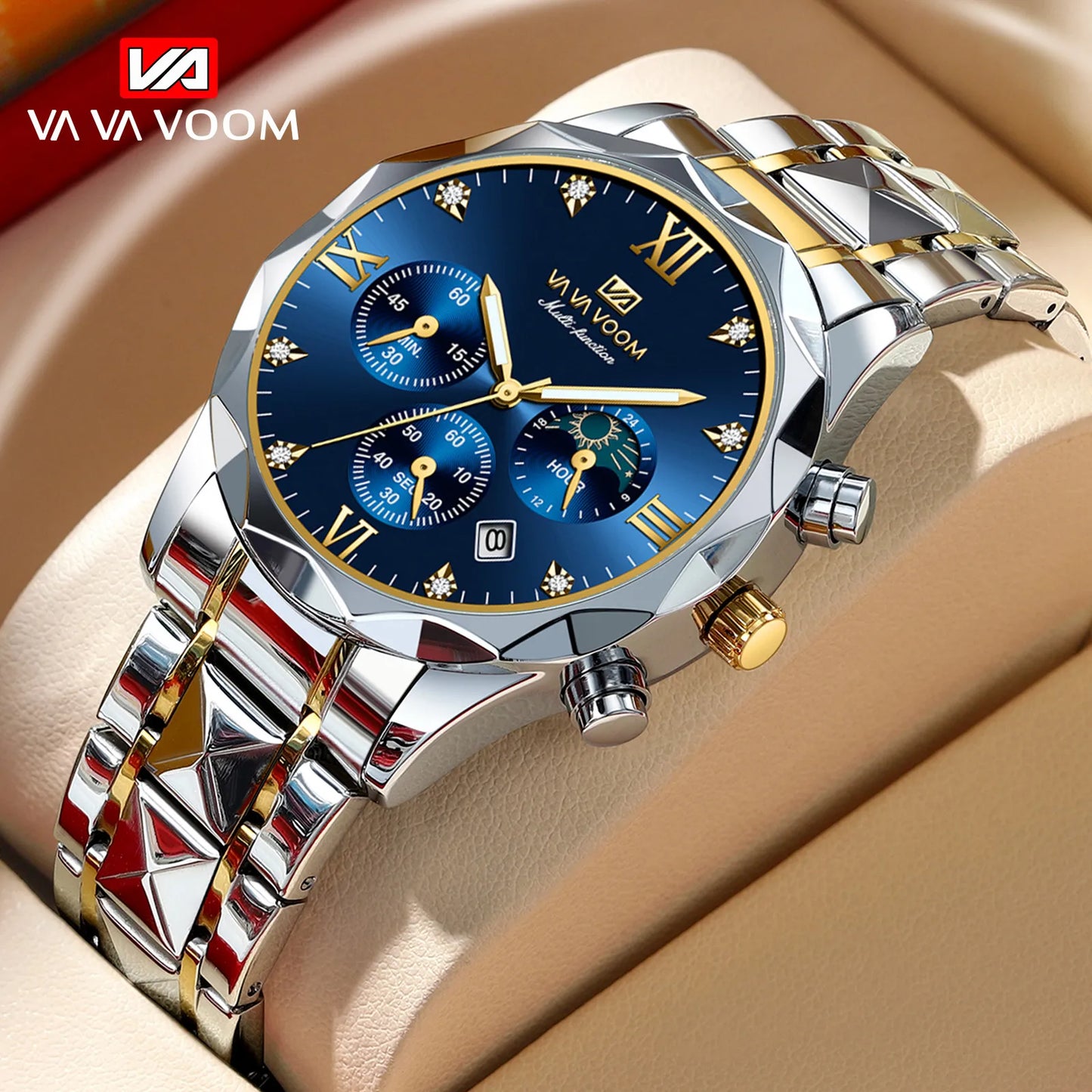 Sports Men's Watch VA VA VOOM Stainless Steel Multifunctional Clock Blue Gradual Gold Luxury Rhinestone Business Quartz Watches