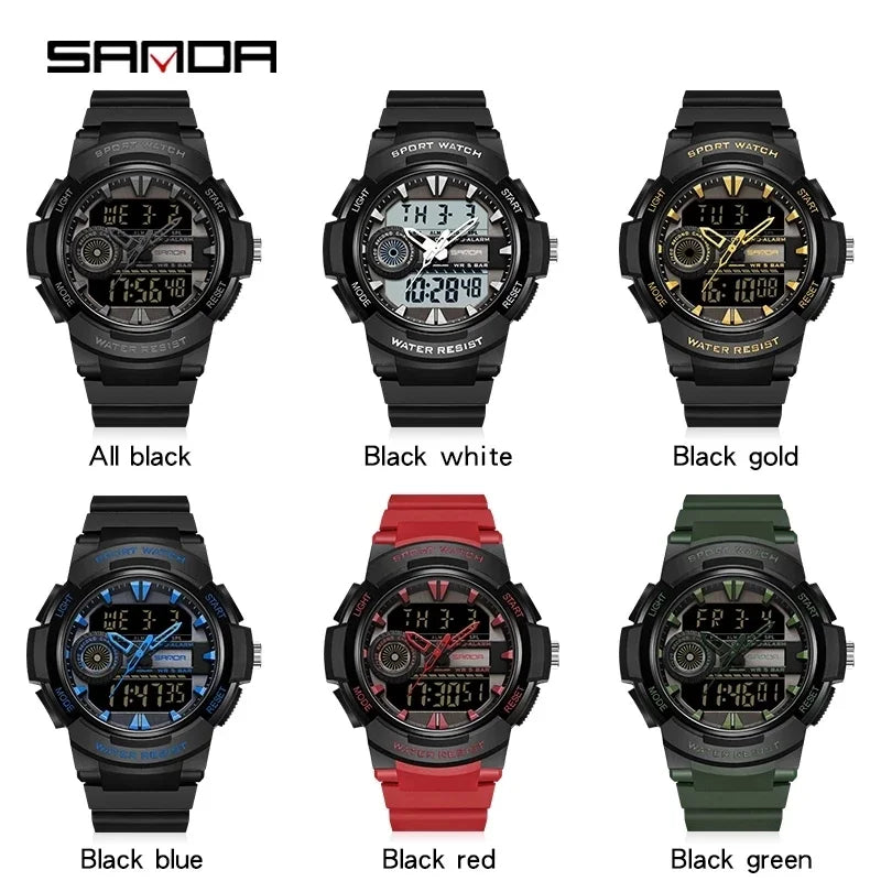 Montres de sport militaires de marque SANDA 2024 pour hommes, montres à double affichage, montre-bracelet électronique antichoc étanche Relogio Masculino 6082