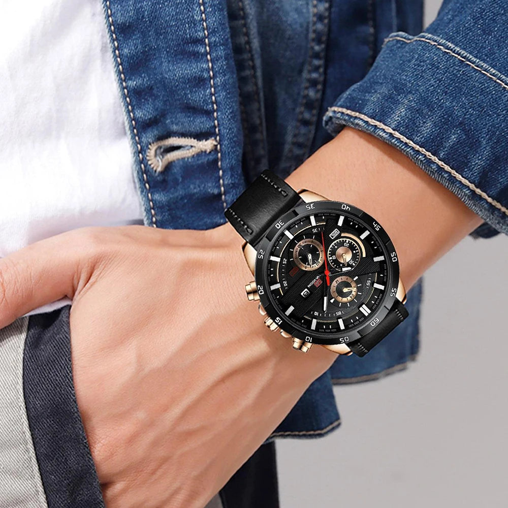 Top Men Watch Sports Style 46mm Large Leather Racing Style Casual Fashion Original Black Rose Gold Calendar Quartz Watch Relogio