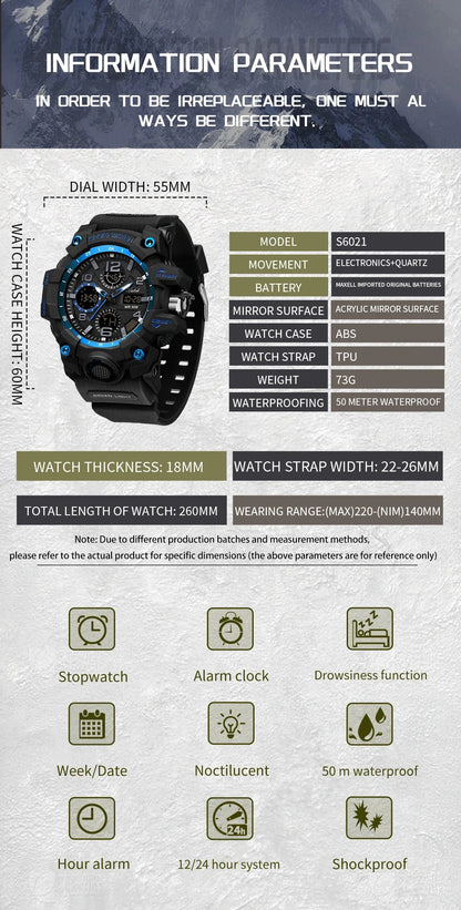 OFNS Top of the line New 6021 Sports Men's Watch Waterproof Dual Screen Quartz Watch Suitable for Men's Watch Stop Watch