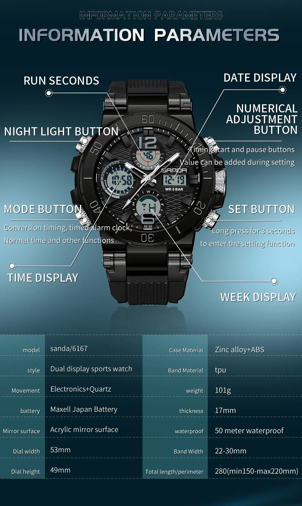 Sanda 2023 Nouvelle Montre Numérique Double Écran Pour Homme Veilleuse Étanche Multifonctionnelle Populaire Réveil Pour Homme Montre-Bracelet 6167