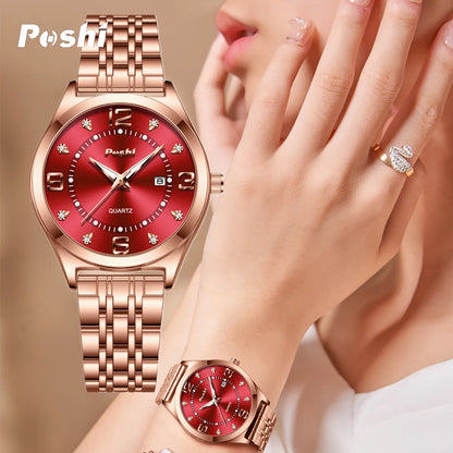 POSHI Women Watches Fashion Stainless Stain Steel Ladies Watch Waterproof Rose Gold Quartz Wristwatch Romatic Girlfriend Gift