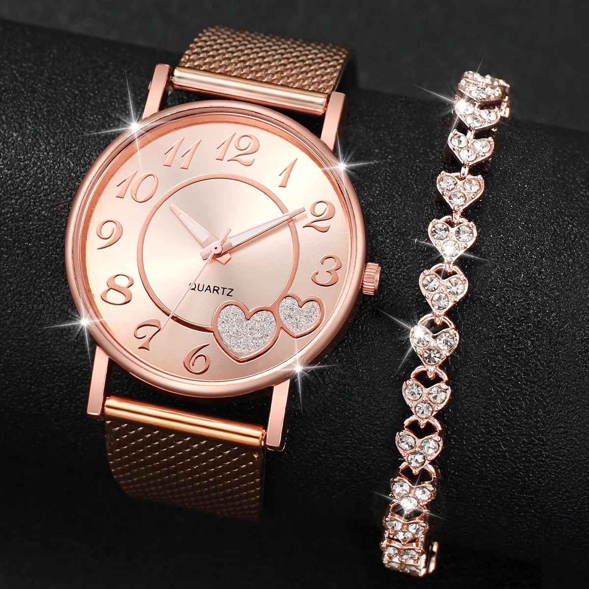 Montre à quartz pour femme avec cadran en forme de cœur et bracelet en strass, bracelet en plastique, montre-bracelet analogique, 2 pièces/ensemble