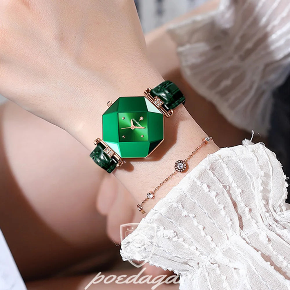 POEDAGAR High Quality Luxury Women's Watch Diamond Quartz Waterproof Ladies Green Leather Watches Fashion Exquisite DropShipping