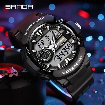 Montres de sport militaires de marque SANDA 2024 pour hommes, montres à double affichage, montre-bracelet électronique antichoc étanche Relogio Masculino 6082