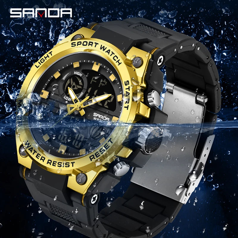 SANDA Montre de Sport pour Hommes Montre à Quartz Militaire Homme Étanche Double Affichage Montre-Bracelet Numérique pour Hommes Horloge Relogios Masculino