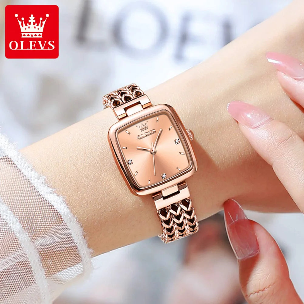 OLEVS New Quartz Watch for Women Elegant Rose Gold Stainless Steel Square Watch Original Luxury Ladies Wristwatches Jewelry Set