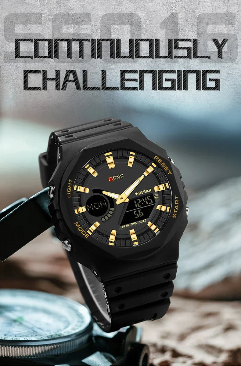 OFNS Top Luxury Men's Quartz Watches Waterproof Men Military Sport Watch Relogio Masculino Dual Display LED Digital Wristwatch