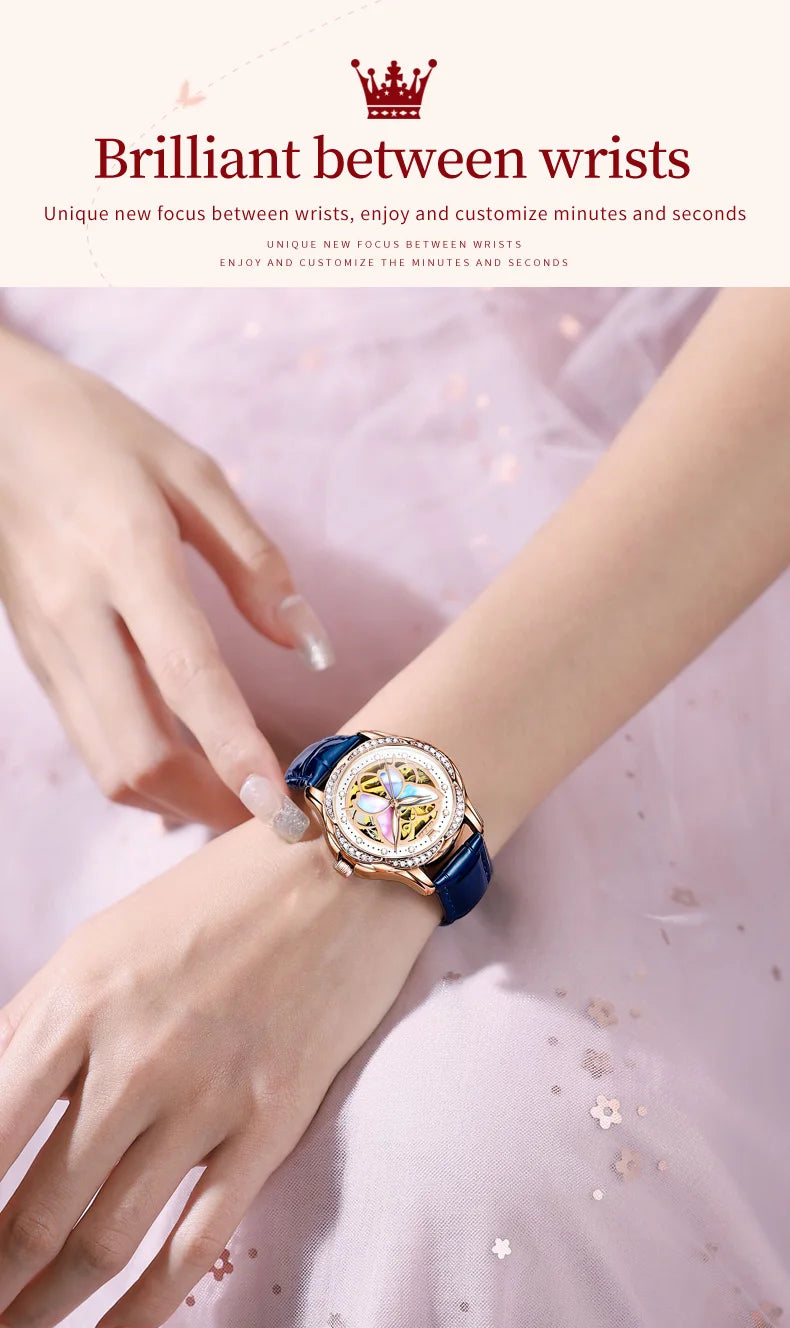 OLEVS Mechanical Watch for Women Ceramic Blue strap Original Wristwatch Skeleton Automatic Diamond Elegant Ladies Watches Set