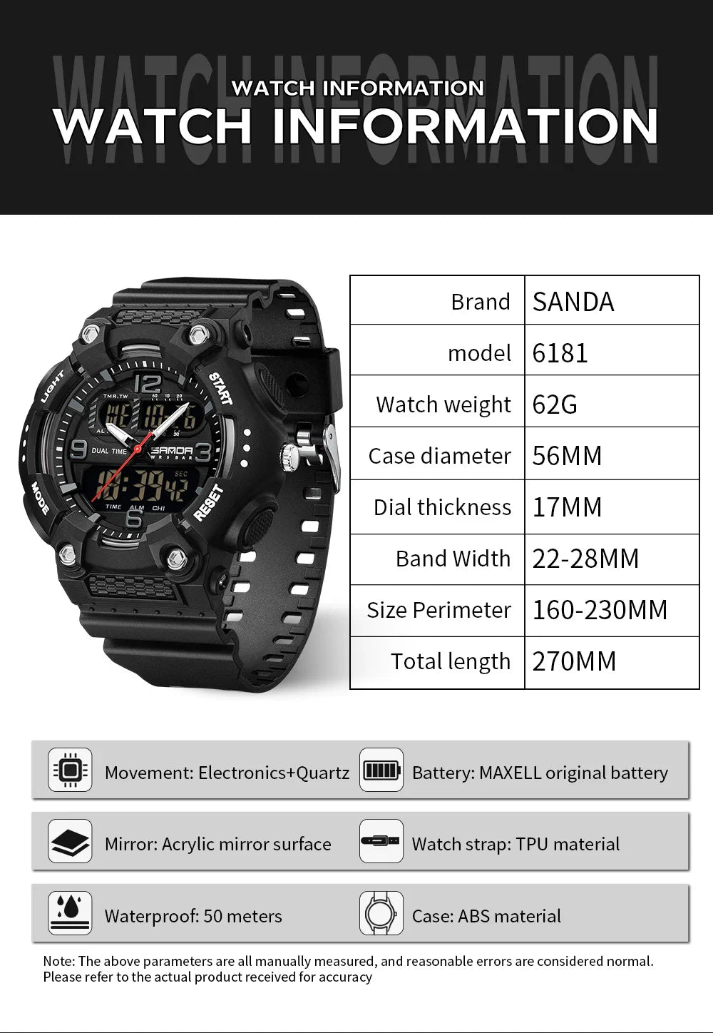 SANDA New 6181 Men's Quartz Electronic Watch Night Glow Date Multi functional Waterproof Student Men's Quartz Electronic Watch