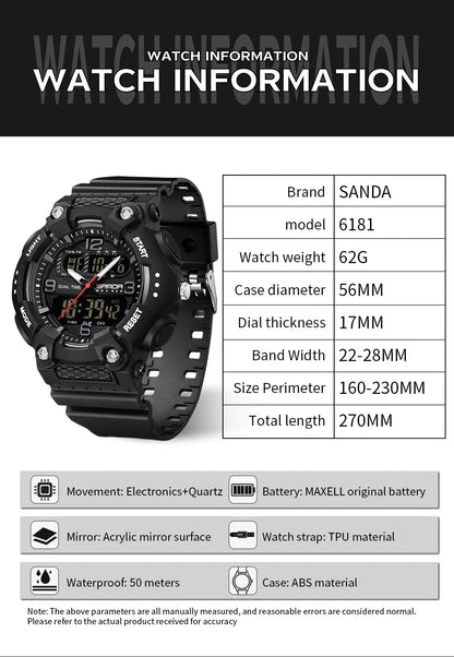 SANDA New 6181 Men's Quartz Electronic Watch Night Glow Date Multi functional Waterproof Student Men's Quartz Electronic Watch