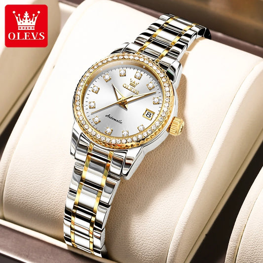 OLEVS Automatic Watch for Women Diamond Gold Luxury Stainless steel Elegant Original Women's Automatic Watch Necklace Gift Set