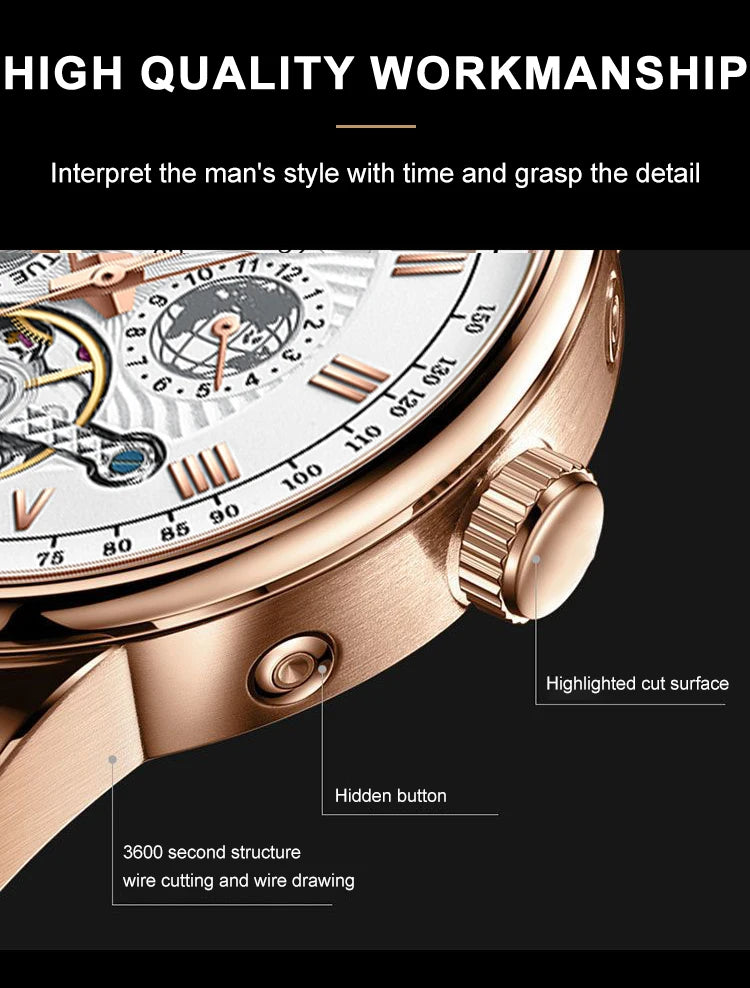 POEDAGAR Automatic Mechanical Tourbillon Business Watch Casual Date&Week&Month Luminous Waterproof Leather Men Watch Hot Relojes