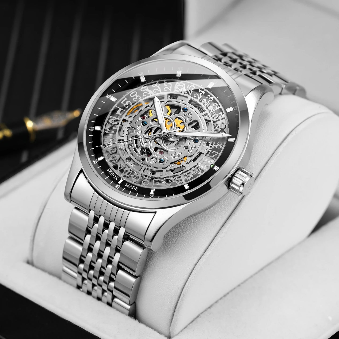 SKROX Stainless Steel Man Gold Watch Skeleton Automatic Mechanical Waterproof Male Wrist Watches Original Brand Luxury Clockwork