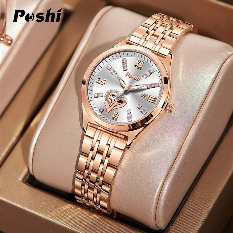 POSHI Top Brand Quartz Watches Stainless Steel Women's Watch with Date Ladies Fashion Dress Wristwatch Clock Relogio Feminino