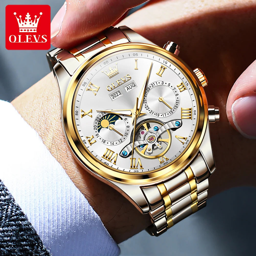 Montres pour hommes OLEVS Calendrier automatique Cadran de phase de lune Conception de tourbillon squelette Acier inoxydable Étanche Relogio Masculino