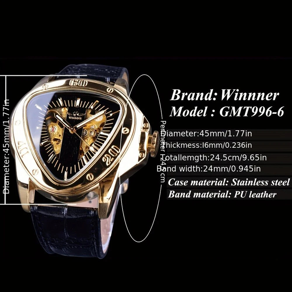 WINNER Steampunk Fashion Men's Automatic Mechanical Watches Triangle Golden Skeleton Movement Genuine Leather Racing Wristwatch