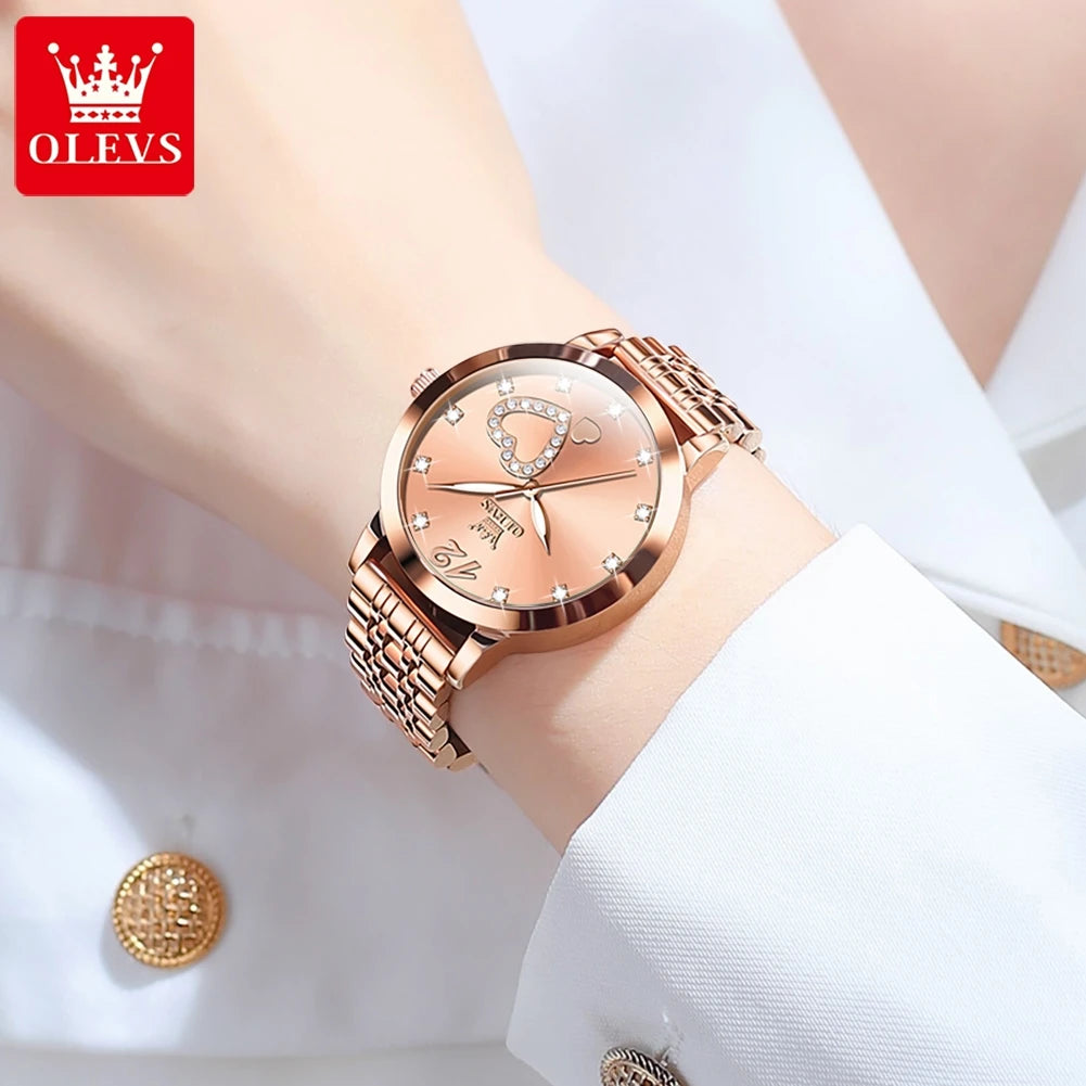 OLEVS Stainless Steel Strap Quartz Watch for Women Diamond Heart Design Waterproof Luminous Quartz Women's Watches Original