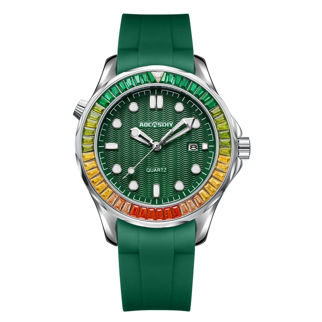 New rainbow diamond calendar men's watch Business leisure endurance sports wristwatch Green large dial luminous waterproof clock