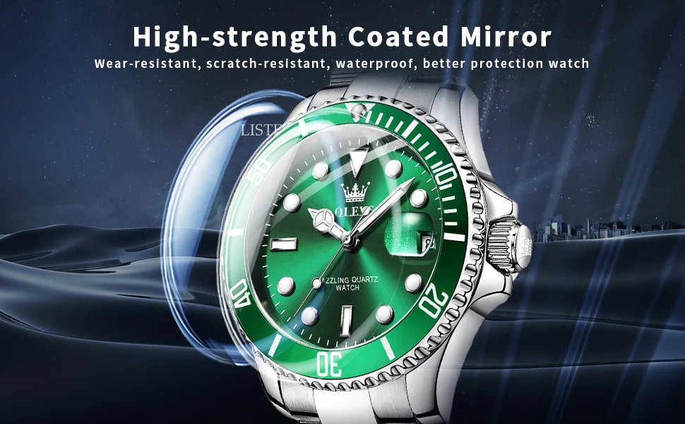 Montre Homme OLEVS Diver Vert Montre Étanche pour Homme Acier Inoxydable Quartz Homme Montre De Luxe Lumineuse