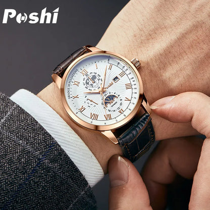 Swiss Brand POSHI Men Watch Fashion Top Luxury Sport Men's Wristwatch Waterproof Luminous Leather Date Quartz Watches Man clock