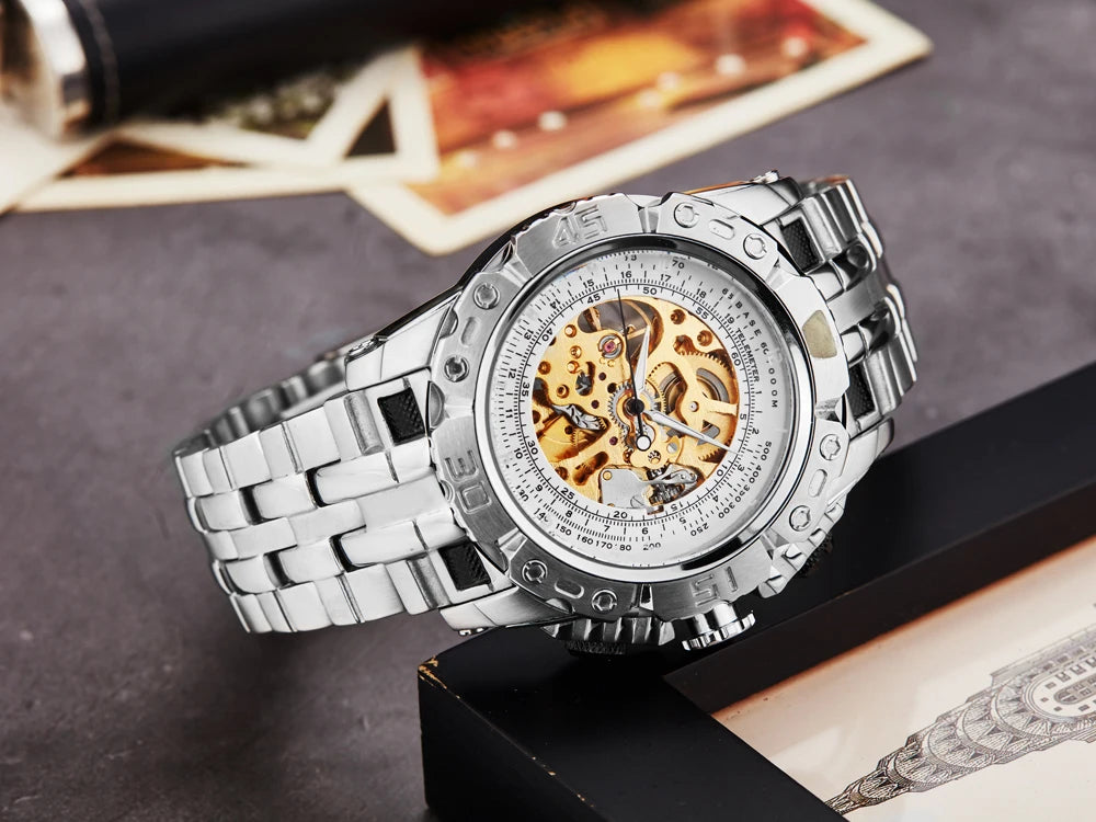 reloj hombre Luxury  Wristwatch Men Skeleton Automatic Mechanical Watch Steel Strap